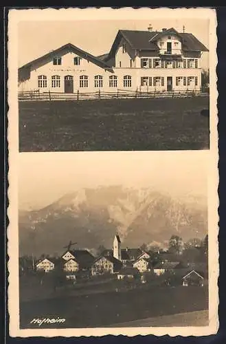 AK Hofheim / Obb., Gasthaus Nikolaus Singer, Ortsansicht gegen die Berge