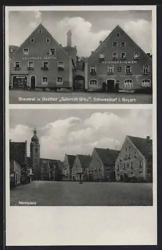 AK Schwandorf i. Bayern, Brauerei und Gasthof Schmidt-Bräu der Eheleute Sagstetter, der Marktplatz