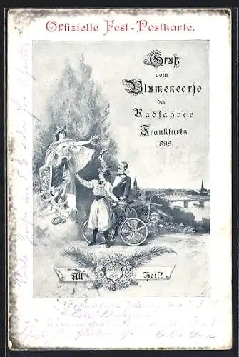 Künstler-AK Frankfurt, Gruss vom Blumencorso der Radfahrer Frankfurts 1898, Ortspartie und Paar mit Fahrrädern