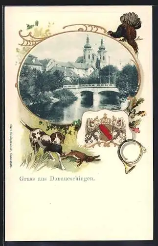 Passepartout-Lithographie Donaueschingen, Ortsansicht am Fluss, Jagdhund und Wildtiere