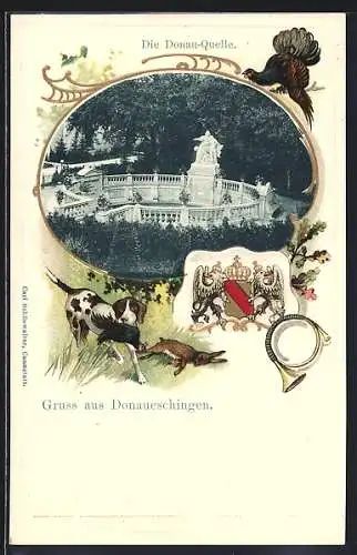 Passepartout-Lithographie Donaueschingen, Die Donauquelle, Jagdhund und Wildtiere