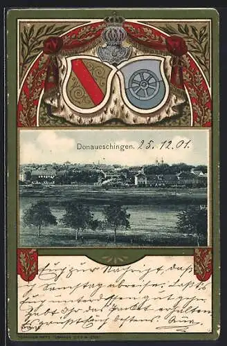 Passepartout-Lithographie Donaueschingen, Teilansicht der Stadt, Wappen