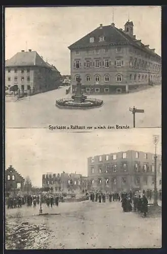 AK Donaueschingen, Sparkasse und Rathaus vor und nach dem Brand 1908