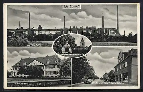 AK Oelsburg, Ilseder Hütte, Beamtenhaus, Geschäft Richard Kohly, Kriegerdenkmal