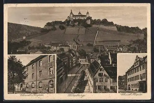 AK Würzburg, Christl. Hospiz, Ortspartie mit Schloss