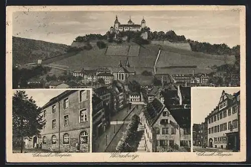 AK Würzburg, Christl. Hospiz, Ortspartie mit Schloss