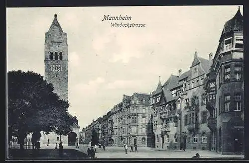 AK Mannheim, Blick in die Windeckstrasse mit Kirchturm