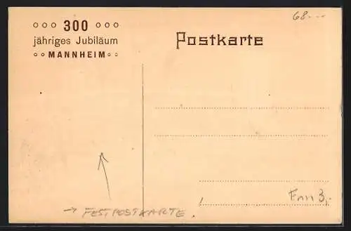 AK Mannheim, Grossherzog Karl Friedrich und alte Stadtansicht, Festpostkarte zum 300-jährigen Jubiläum