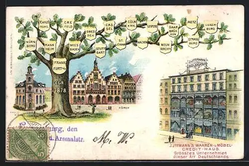 Lithographie Frankfurt a. M., J. Ittmanns Waaren - u. Möbel-Credit-Haus, Strassenpartie mit Zweigstellen-Schilderbaum