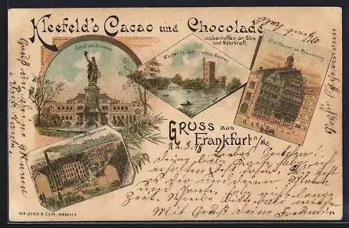 Lithographie Frankfurt-Ostend, Etablissement Kleefeld, Schützenbrunnen, Reklame für Kleefeld`s Cacao