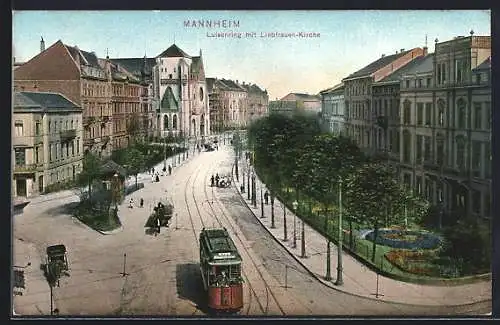 AK Mannheim, Luisenring-Strasse mit Liebfrauen-Kirche, Strassenbahn