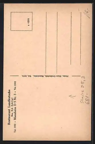 AK Mannheim, Restaurant Landkutsche v. E. Schlipf, Strasse D 5, 3