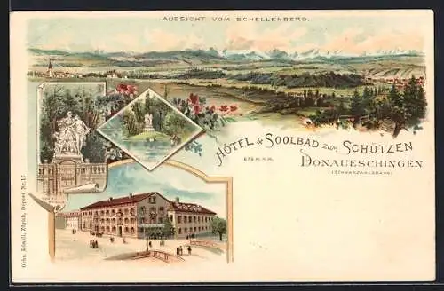 Lithographie Donaueschingen /Schwarzwaldbahn, Aussicht vom Schellenberg, Donau-Quelle, Insel im Park