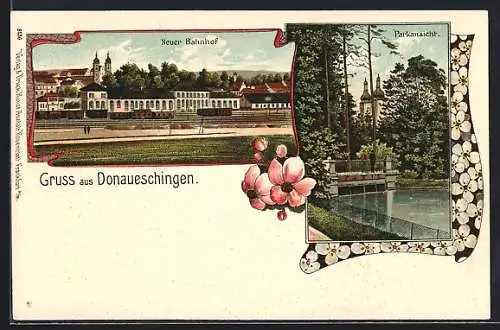 Lithographie Donaueschingen, Neuer Bahnhof, Parkansicht