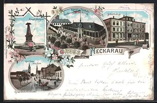 Lithographie Neckarau, Gasthaus zum Badischen Hof, Schule, Kriegerdenkmal, Pferdekutsche