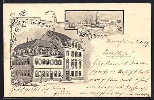 Lithographie Mannheim, Gasthof Arche Noah, Rhein-Hafen