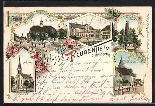 Lithographie Feudenheim, Rathaus, Schulhaus, Kriegerdenkmal, Kirche und Bahnhof