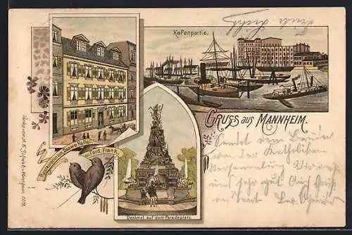 Lithographie Mannheim, Restaurant zum Daawe Hammel, Hafen, Denkmal auf dem Paradeplatz