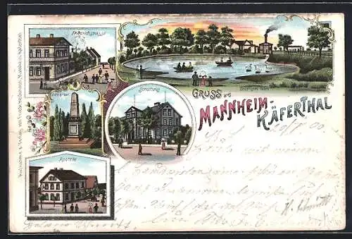 Lithographie Mannheim-Käferthal, Schulhaus, Apotheke und Goldfisch-Teich