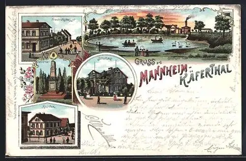 Lithographie Mannheim-Käferthal, Schulhaus, Apotheke, Friedrichstrasse, Goldfisch Teich