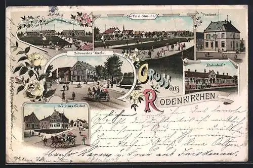 Lithographie Rodenkirchen / Oldenburg, Neuhaus Gasthof, Schmedes Hotel, Bahnhof, Marktplatz