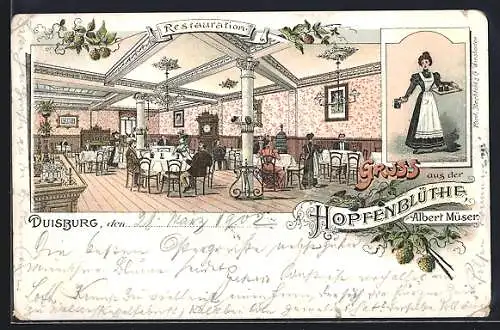 Lithographie Duisburg, Restaurant Hopfenblüthe von Albert Müser