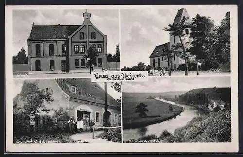 AK Uichteritz /Weissenfels, Gemeinde-Bäckerei Gustav Lindner, Kirche, Schule