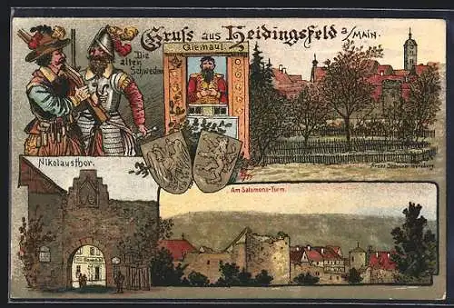 Lithographie Heidingsfeld, Die alten Schweden, Nikolausthor, Am Salamans-Turm