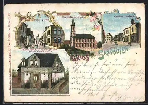 Lithographie Sandhofen, Warenhaus J. Grobing & Cie, Schule und Kath. Kirche, Postamt