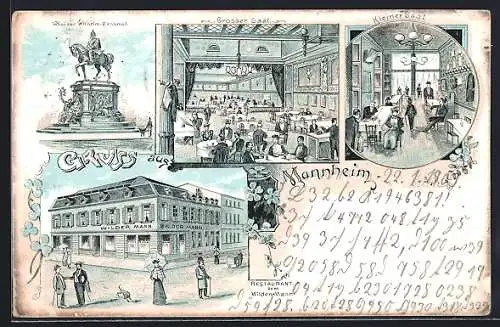 Lithographie Mannheim, Restaurant zum Wilden Mann mit Grossem und Kleinem Saal, Kaiser Wilhelm-Denkmal