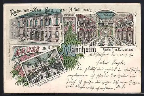 Lithographie Mannheim, Restaurant-Saal-Bau, Direktor H. Nottbusch, Varieté- und Conzertsaal