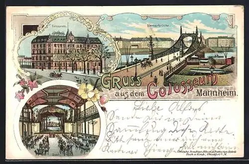 Lithographie Mannheim, Gasthaus Coloseum, Neckarbrücke