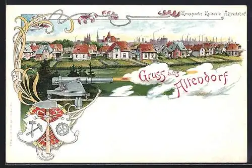 Lithographie Altendorf / Ruhr, Totalansicht, Schiessende Kanone, Wappen