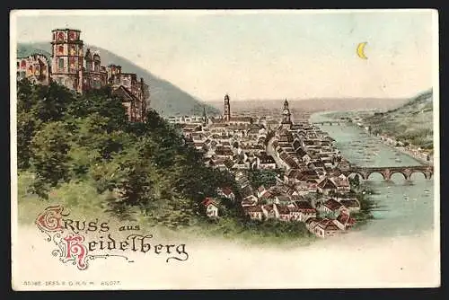 Lithographie Heidelberg, Ortsansicht mit Burg, Flusss und Brücke, Halt gegen das Licht