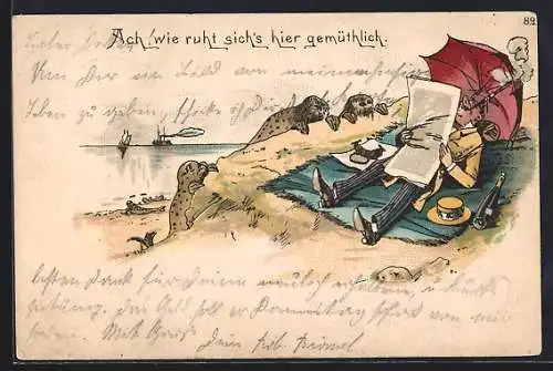 Vorläufer-Künstler-AK Mann am Strand wird von neugierigen Seehunden beäugt, 1894