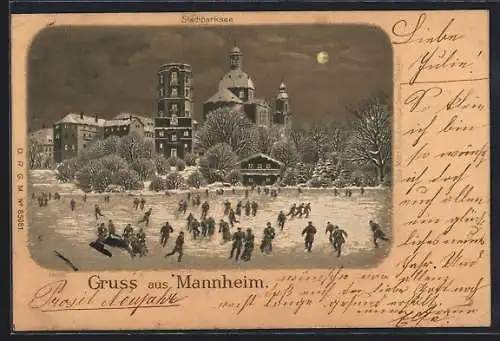 Winter-Lithographie Mannheim, Schlittschuhläufer auf dem Stadtparksee