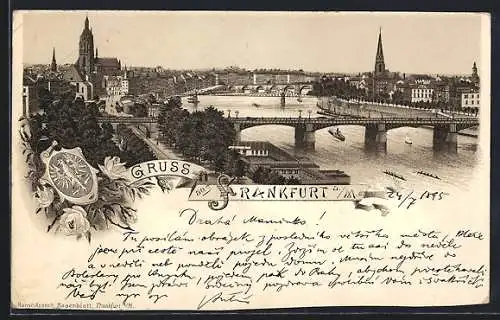 Vorläufer-Lithographie Alt-Frankfurt, 1895, Ansicht der Stadt mit Dom und Brücke, Wappen