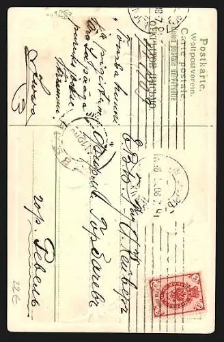 AK Frosch mit Kleeblättern und zerrissener Trommel zu Neujahr, vermenschlichte Tiere