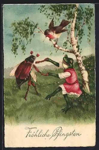 Künstler-AK Frosch tanzt mit einem Maikäfer, vermenschlichte Tiere