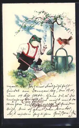 Künstler-AK Ein Frosch in Kleidung mit einer Pfeife beim Schaufeln, vermenschlichte Tiere