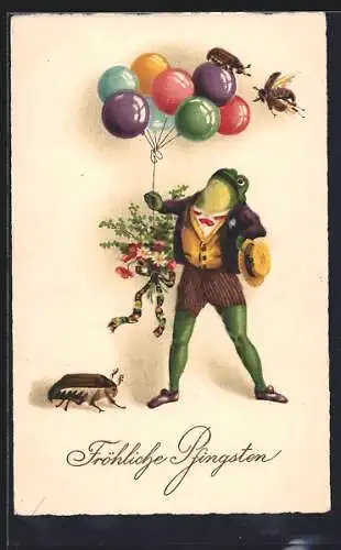 Künstler-AK Ein Frosch mit Luftballonen, Maikäfer, Pfingstkarte, vermenschlichte Tiere