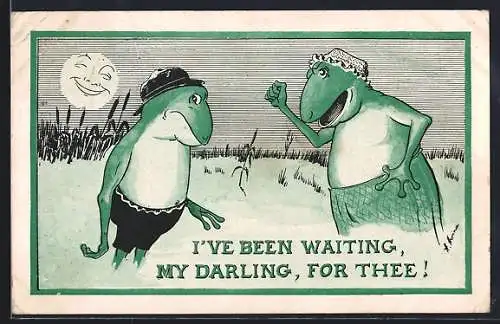 Künstler-AK Froschpaar in Badekleidung im Weiher, vermenschlichte Tiere