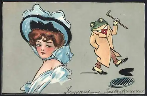 Künstler-AK Frosch im Mantel winkt einer Dame zu und läuft in den offenen Gulli, vermenschlichte Tiere