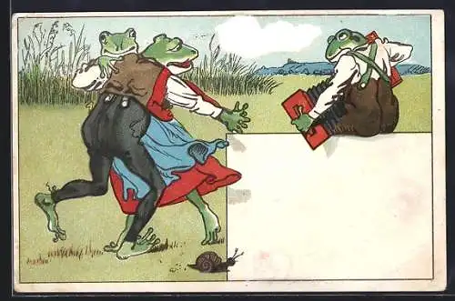 Lithographie Frosch mit Ziehharmonika spielt einem Froschpaar zum Tanz auf