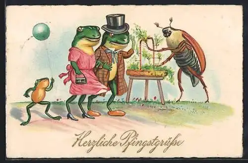 Künstler-AK Froschpaar in Ausgehkleidung wird von einem Maikäfer ein Ast angeboten, Pfingstkarte