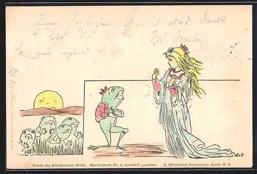 Künstler-AK Froschkönig kniet vor kleiner Prinzessin