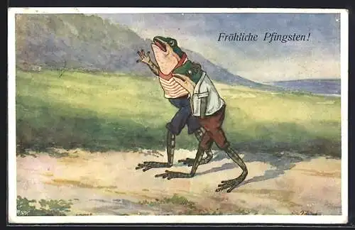 AK vermenschlichte Frösche auf der Wanderschaft, Pfingsten
