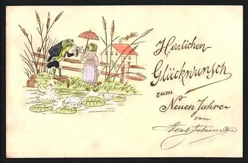 Künstler-AK Frosch überreicht einer Frosch-Dame ein Insekt