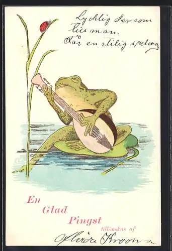 Künstler-AK Frosch spielt auf einem Seerosenblatt die Laute