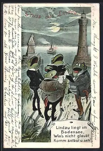 AK Lindau, Sängerfest, vermenschlichte Frösche singen an der Hafeneinfahrt, Dampfer